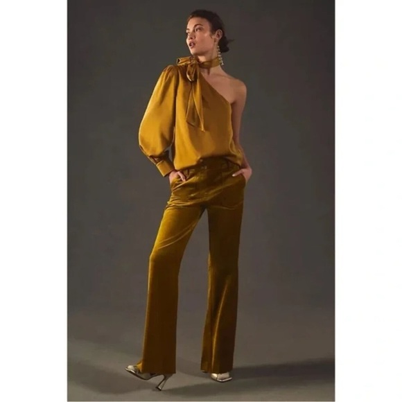 Sunday in Brooklyn Anthropologie Gold One-Shoulder Tie-Neck Blouse Size S New - Picture 2 of 9